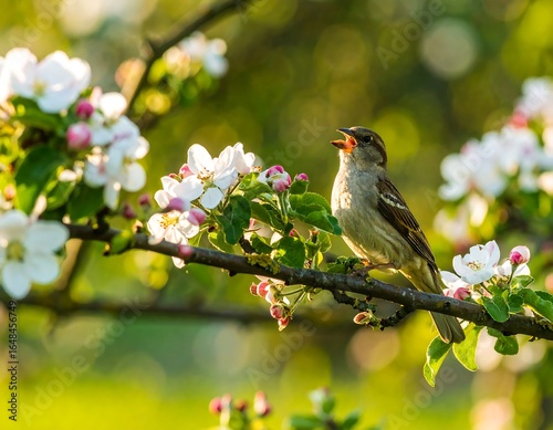 A small brown bird sings perched on a blossoming tree branch in soft sunlight