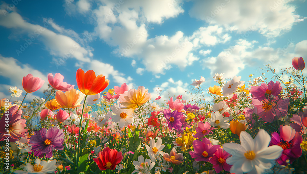 Obraz premium Colorful wildflowers under blue sky with clouds in spring meadow