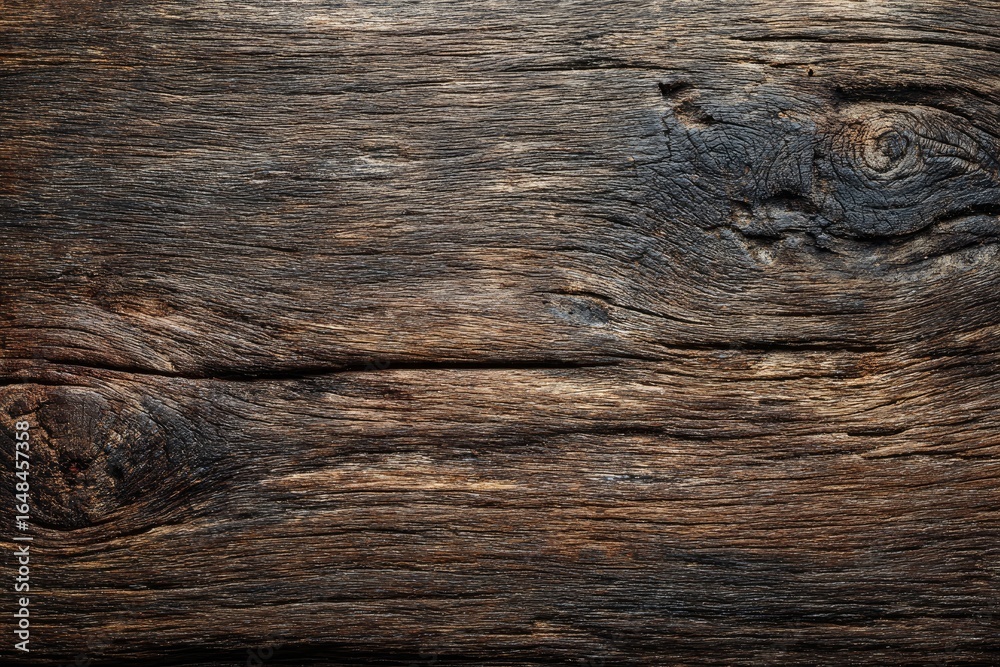 Naklejka premium Close-up view of weathered, dark brown wood plank. Knots and grain are prominent