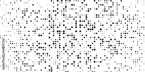 Background with irregular, chaotic dots, points, circle. Random halftone. Pointillism style. Black and white colour. Vector illustration