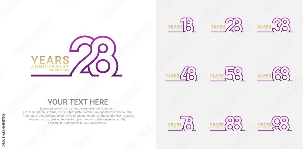 Fototapeta premium Anniversary logo set vector design, purple and gold color for celebration event