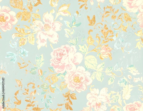 Pastel floral pattern on a light blue background. Roses and gold leaf details