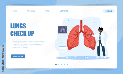 Lungs check up. Landing page template. African Female Doctor listening to big realistic lungs with stethoscope. Vector illustration in flat cartoon style.