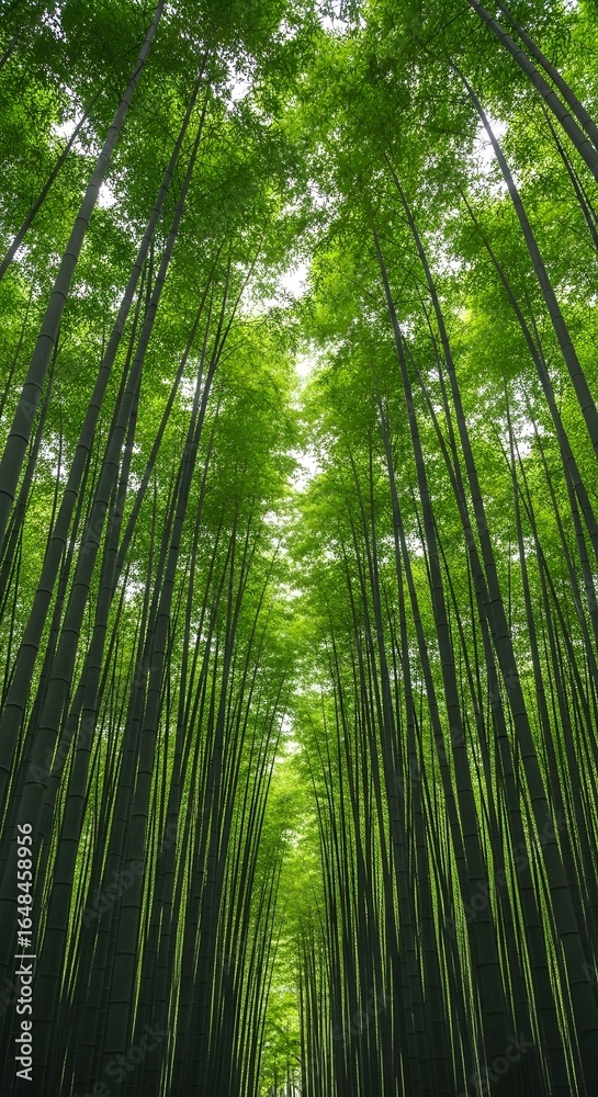 Fototapeta premium A grove of tall bamboo trees with sunlight filtering through the leaves
