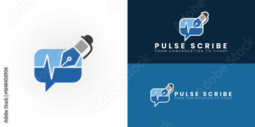 A clean and modern logo for an AI medical scribe module. It features a talk bubble with a medical waveform and a pen, symbolizing intelligent documentation of doctor-patient conversations.