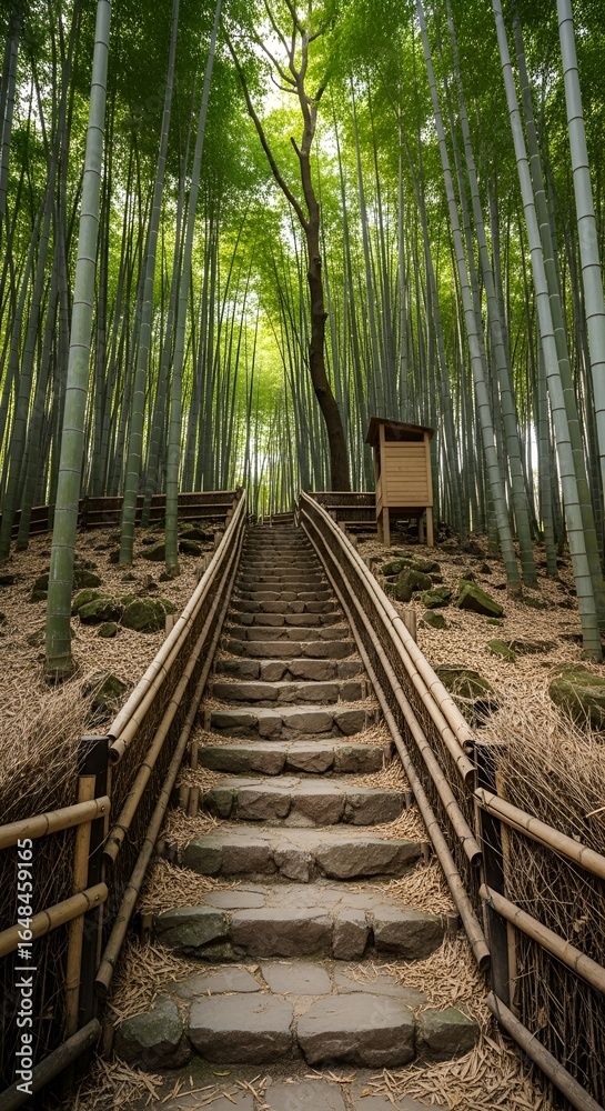 Obraz premium Vertical Portrait Wallpaper Ascending Stone Steps Through a Serene Bamboo Forest