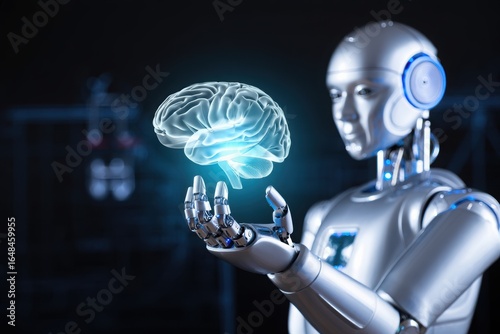 3d render of a robot Futuristic AI Robot Holding Holographic Brain Technology Innovation Concept 3D Render - Artificial Intelligence Digital Mind Cybernetics Science Vision Future Tech Design
