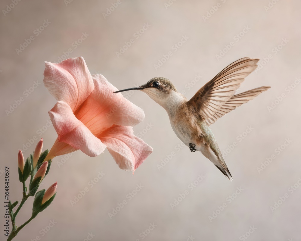 Fototapeta premium National Hummingbird Day Ruby-Throated Hummingbird Near Mandevilla Flower for Summer Garden Promotions and Fourth of July Marketing Campaigns