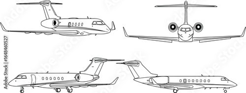 Vector illustration of private jet aircraft from front, side, and angled views, luxury business jets, aviation transport, airplane design, travel and air industry