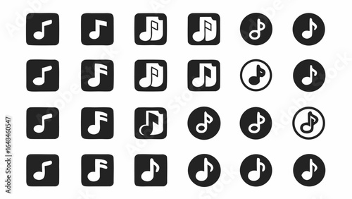 Collection of music note icons in various shapes like square and circle in black and white color scheme