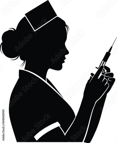 Silhouette of a nurse preparing an injection with a syringe