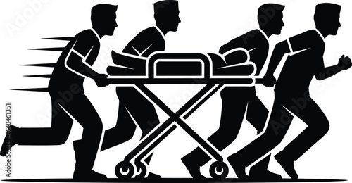Emergency rescue team running with a patient a stretcher, a vector illustration of a medical emergency response