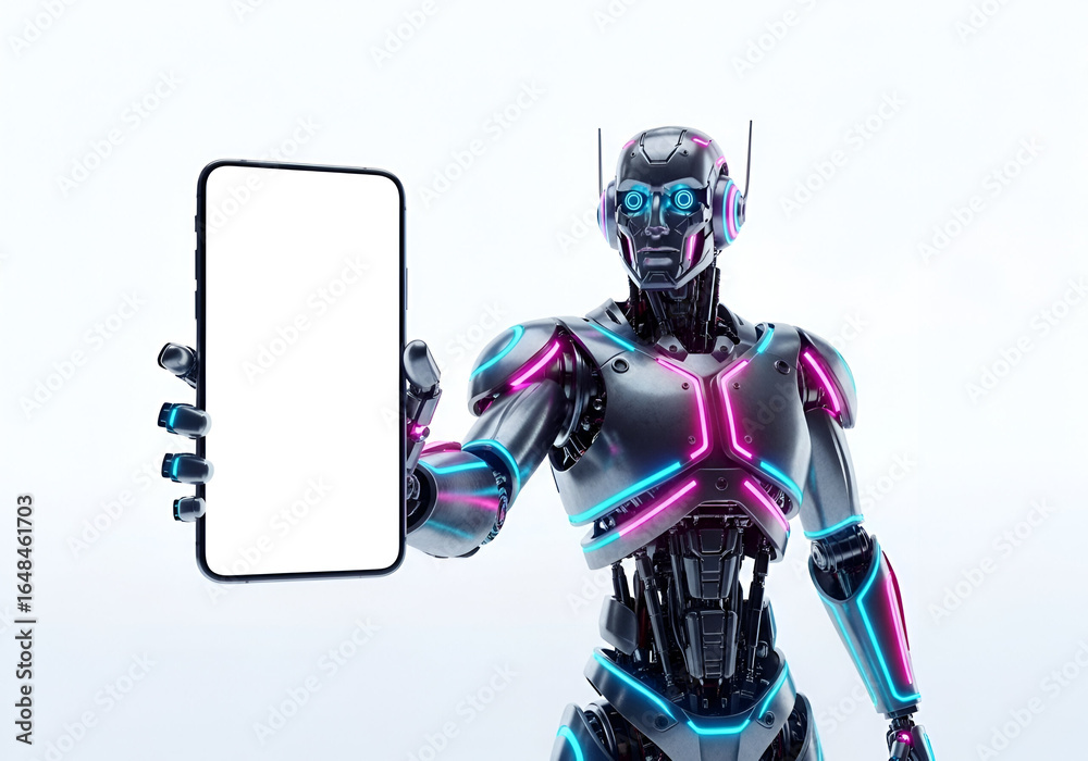 Futuristic Robot Holding a Smartphone Mockup isolated on white background Futuristic Robot Holding a Smartphone Mockup isolated on white background