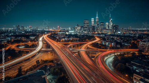 A mesmerizing aerial view captures a vast highway interchange at night, with streaks of light from moving cars creating a dynamic, glowing network against the city skyline.