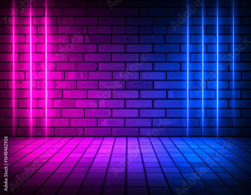 Glowing neon brick wall background with blue and purple lights for futuristic modern design