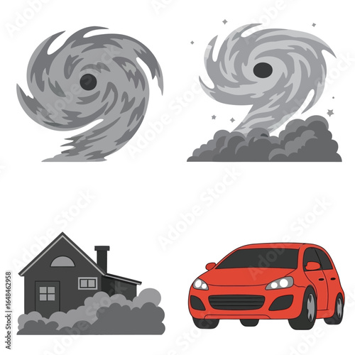 Hurricane's destructive force depicted through swirling winds, engulfing a house and car.
