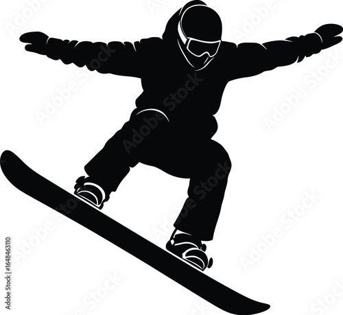 A silhouette of snowboarder who is jumping, it is a vector illustration of a man doing an extreme winter sport, with helmet and goggles