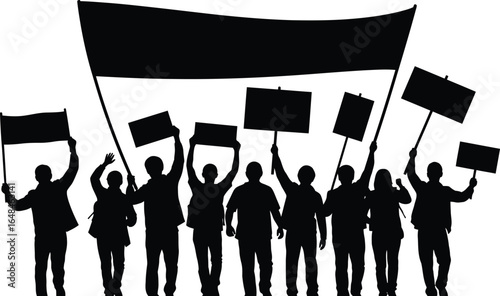 Silhouette of a determined crowd protesting with banners and signs, symbolizing activism and fight for social change