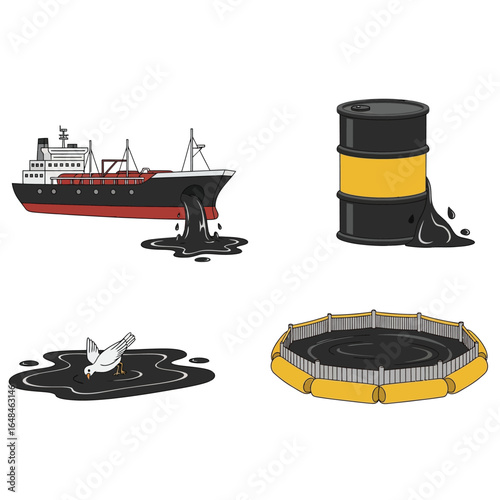Oil spill disaster: tanker leaking crude oil, affecting wildlife and environment, containment boom deployed.
