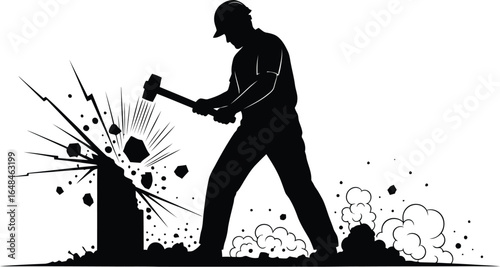 Silhouette of a construction worker smashing a stone with a hammer, showcasing strength, determination, and power of manual labor