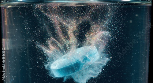 Effervescent tablet dissolving in water, creating a shimmering, dynamic display of dissolution and