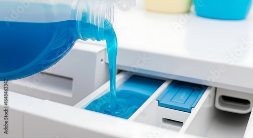 Pouring vibrant blue laundry liquid into a dispenser drawer for a washing machine