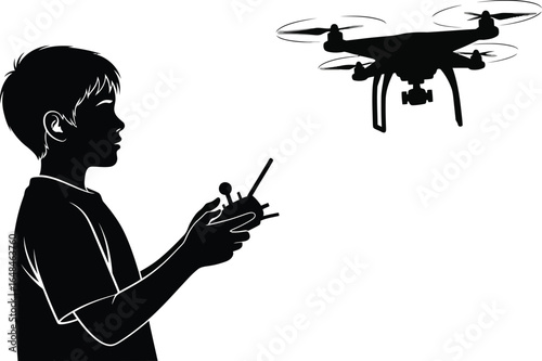 Silhouette of a boy operating a drone with remote control