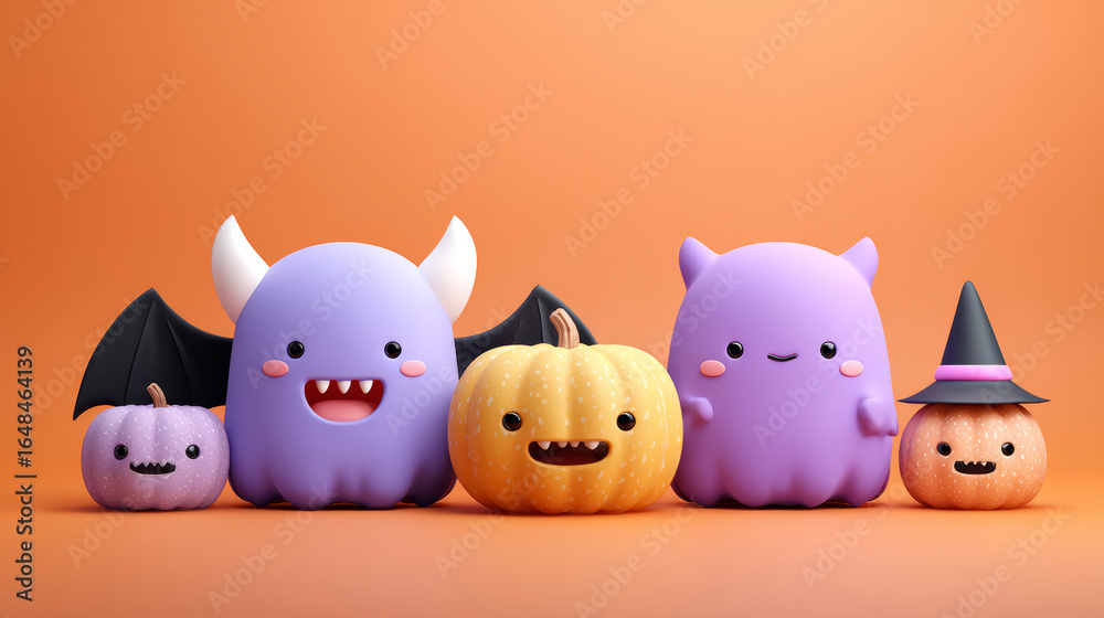 Obraz premium Cute Halloween pumpkin and monster characters with smiling faces and colorful design on orange background