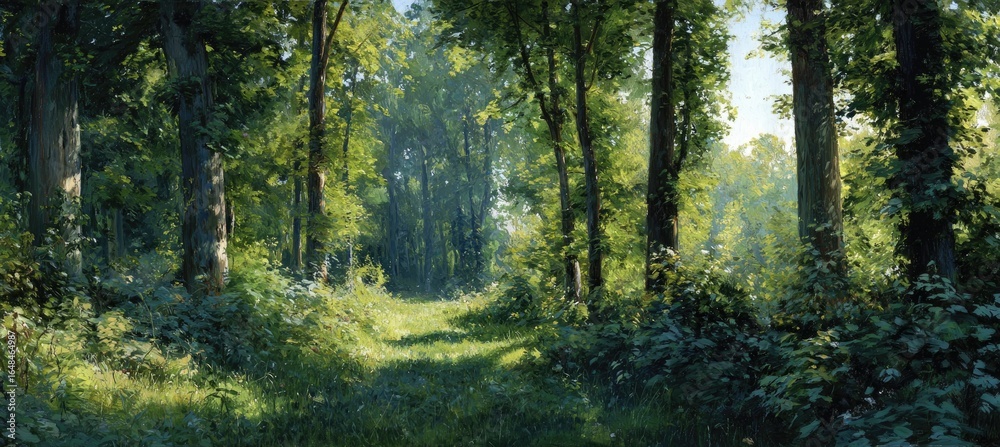 Obraz premium Sunlight filters through a lush forest