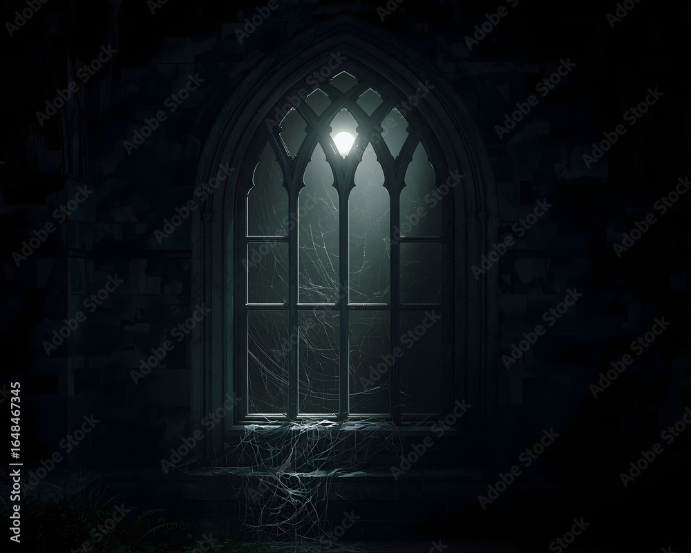 Fototapeta premium Haunted Gothic Window with Pale Light and Cobwebs