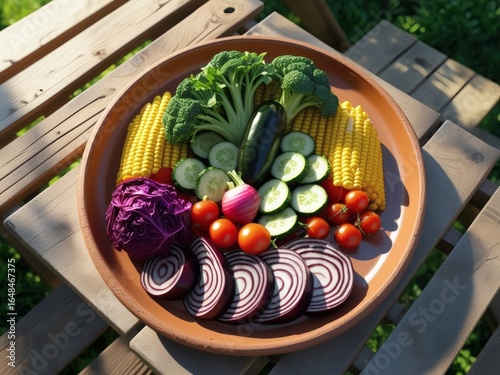 Artistic Clay Plate with Rainbow Vegetables on Garden Table – Natural Outdoor Lighting