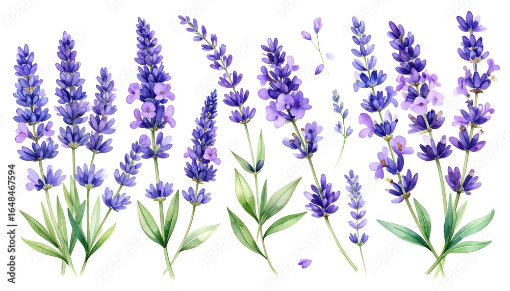 Naklejka premium Watercolor lavender sprigs collection on white background