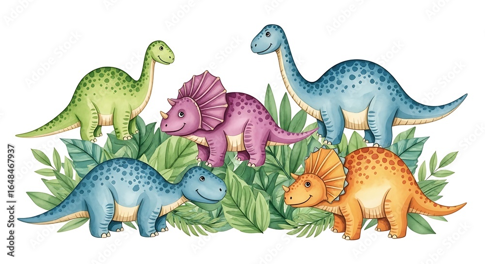 Obraz premium Delightful dinosaur gathering amidst lush foliage illustration for children's book