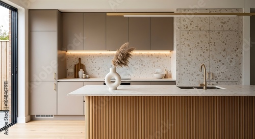 Modern minimalist kitchen in taupe cabinetry, terrazzo backsplash and fluted wood island, premium interior photography for upscale real estate showcases
