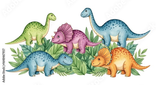 Delightful dinosaur gathering amidst lush foliage illustration for children's book