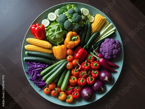 Photorealistic Artistic Vegetable Rainbow Plate on Dark Wooden Table – Top View