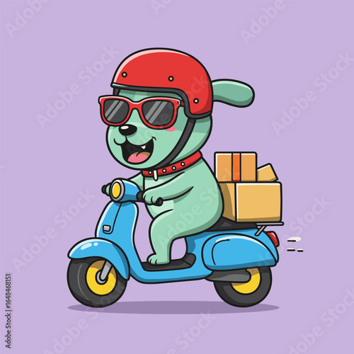Playful cartoon character riding a blue scooter with packages, wearing red helmet and glasses.