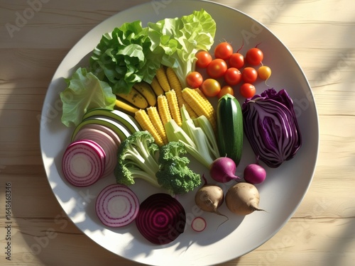 Artistic Clay Plate with Rainbow Vegetables on Garden Table – Natural Outdoor Lighting