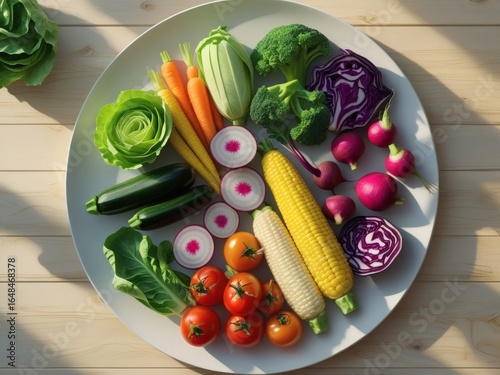 Top View of Artistic Rainbow Vegetable Plate on Light Wooden Table – White Ceramic Plate