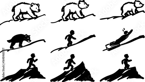 Illustration showing bears climbing slopes and people climbing slopes and sledding down slopes silhouette