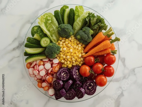 Elegant Glass Plate with Rainbow Vegetables on White Marble Table – Top View in Modern Kitchen