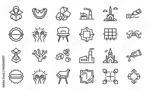 Collection of Minimal Line Art Icons Featuring Architecture, Nature, Furniture, Industry, 3D Shapes, and Artistic Elements for Creative Design Projects