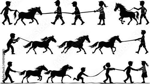 Silhouette illustration of children leading horses with ropes in a playful and dynamic composition style