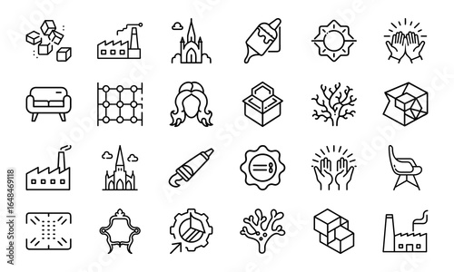 Collection of Minimal Line Art Icons Featuring Architecture, Nature, Furniture, Industry, 3D Shapes, and Artistic Elements for Creative Design Projects