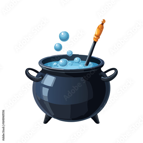 Magical cauldron with a bubbling blue potion and a wooden stirrer, isolated on white.