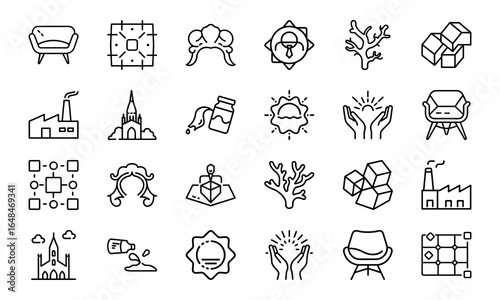 Collection of Minimal Line Art Icons Featuring Architecture, Nature, Furniture, Industry, 3D Shapes, and Artistic Elements for Creative Design Projects