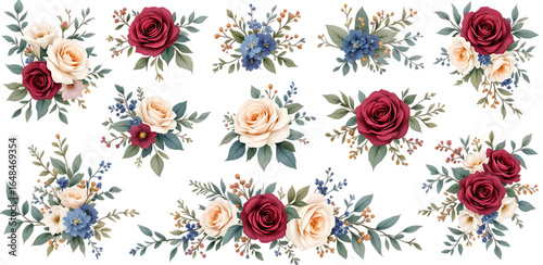 Watercolor floral bouquets in burgundy cream and blue isolated on transparent background