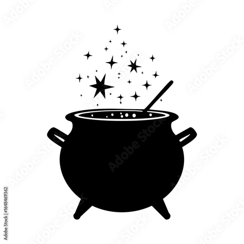 Magical cauldron with stars and sparkles flying from it, isolated on white.
