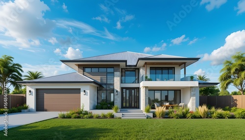 View of modern house in Australian style on blue sky background, Contemporary residence design. 3D rendering