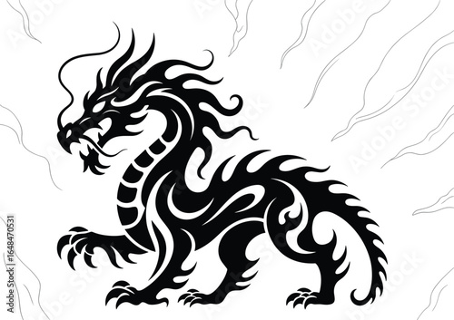 Black tribal dragon tattoo design, Asian mythical creature artwork, vector illustration, fierce abstract symbol, fire breathing fantasy animal silhouette